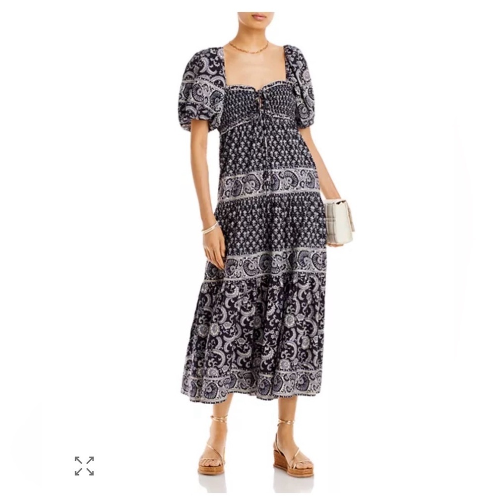 Sea New York Jasper Border Puff Sleeve Tiered Midi Dress in Black Size M NWT